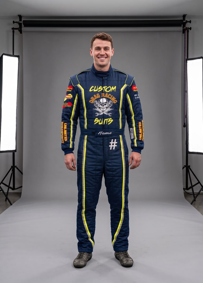 Driver wearing the navy and fluorescent-yellow one-piece drag racing suit, photographed full length against a grey studio backdrop.
