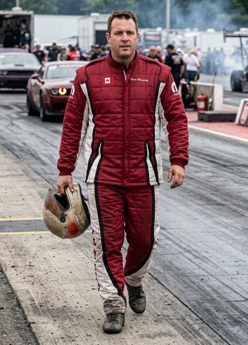 Driver walking back down the drag strip wearing the red and white two-piece drag racing suit, helmet in hand.