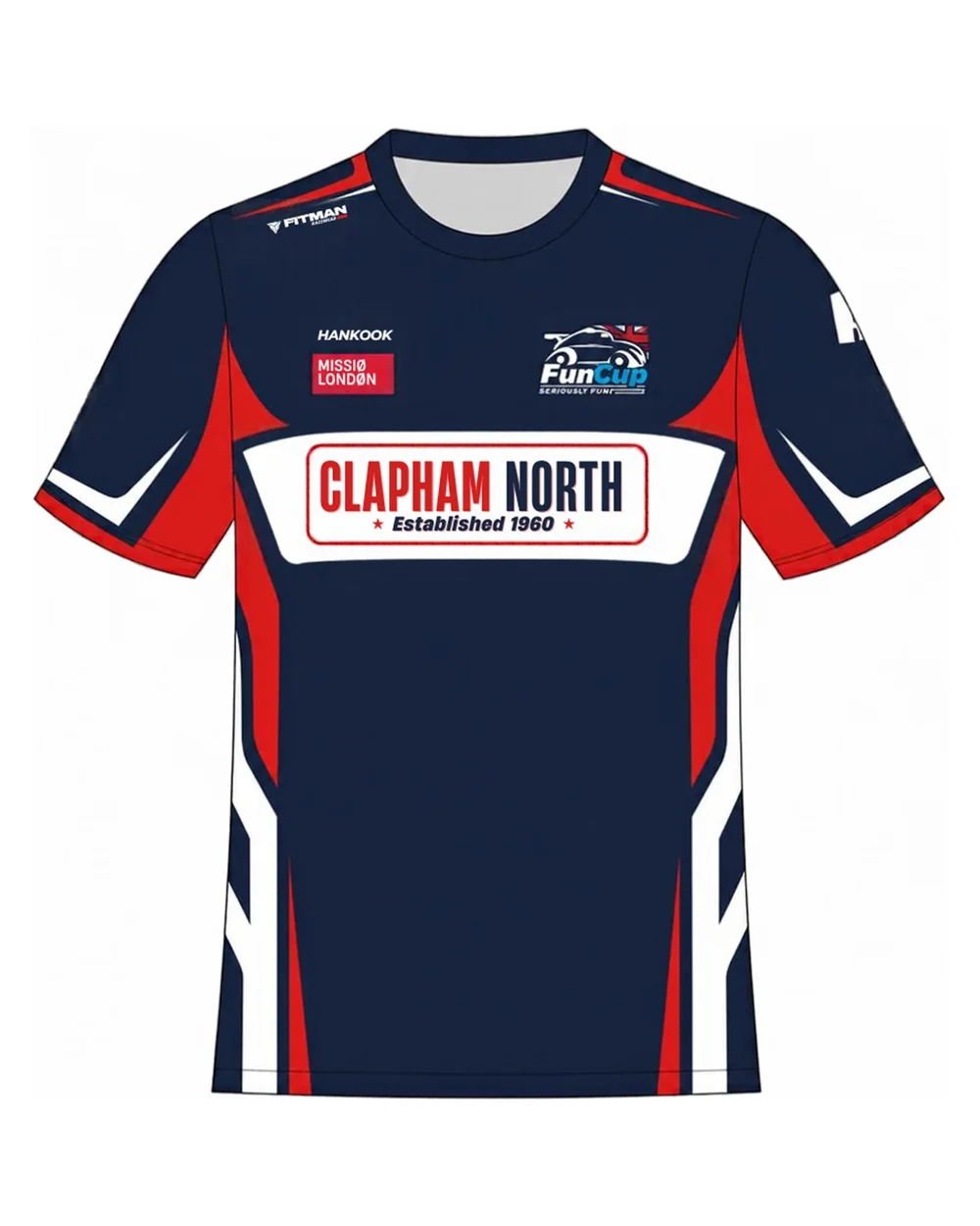 Navy, red and white sublimated team tee with sponsor logos across the chest and sleeves, and a team name panel.